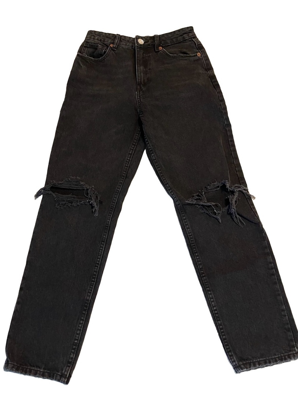 Zara Jeans Straight Leg Size 4 Black Charcoal High Waist Mom Denim Ripped Knees